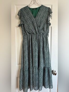 Yacun Green Animal Leopard Print Ruffle Sleeve Faux Wrap Midi Dress Size L